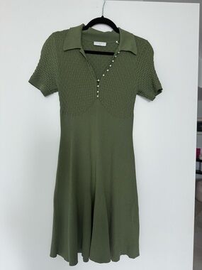 Sandro Olive Green Polo Knit Mini Dress with Pearl Buttons